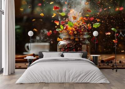 Aromatic Herbal Tea Blend in Glass Jar with Rose Petals  Cinnamon Sticks and Spices Wall mural