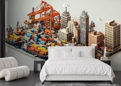 Cityscape with Cargo Ships  Containers  and Cranes Wall mural