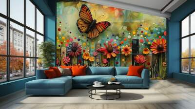 Colorful Butterfly and Flower Garden Artwork Wall mural