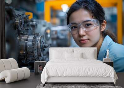 Confident Female Engineer: A young, focused female engineer in safety glasses confidently looks at the camera, hands on a complex industrial machine.  A portrait showcasing women in STEM. Wall mural