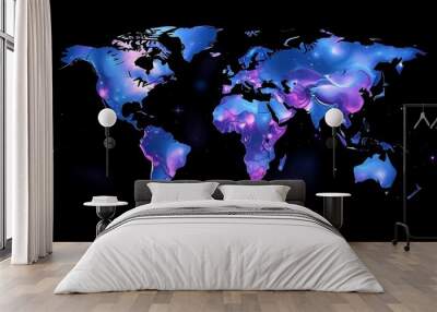 Cosmic World Map: A vibrant, abstract world map set against a black background, with continents glowing in a neon palette of blue and purple, evoking a sense of global interconnectedness and the vastn Wall mural