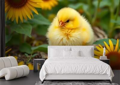 Cute Chick in a Field of Sunflowers Wall mural