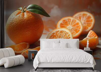 Freshly Cut Orange Fruit Slices with Green Leaf Wall mural