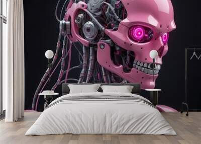 Pink Robotic Skull with Glowing Eyes Wall mural