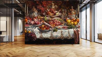 Still Life with Candles  Fruit  and Meat on a Table Wall mural