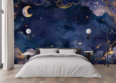 cresent moon in starry night sky in Watercolor illustration and geometric patterns for wallpaper and scrapbook Wall mural