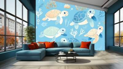 Cute cartoon sea turtles with sea corals and bubbles, ocean animal themed, blue seamless wallpaper and background. for material, fabric pattern Wall mural