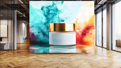 Elegant Cream Jar Mockup with Gold Lid and Abstract Background Wall mural