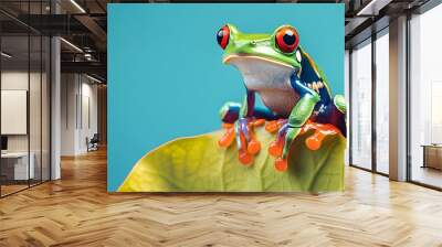 Red-eyed tree frog perched on green leaf, vibrant orange and blue markings, small and cute, isolated on blue background Wall mural