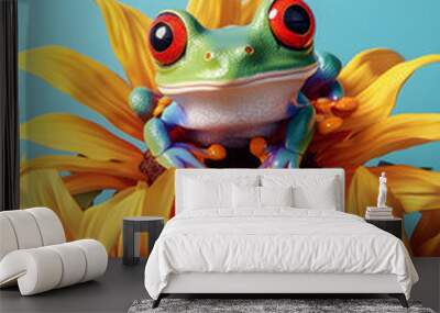 Red-eyed tree frog sitting on yellow  sunflowers, cute face, isolated against a blue background Wall mural