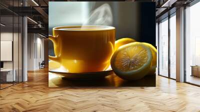 Steaming Lemon Honey Tea in a Yellow Mug Wall mural