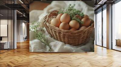 Wicker Basket Filled with Brown Fresh Eggs Wall mural