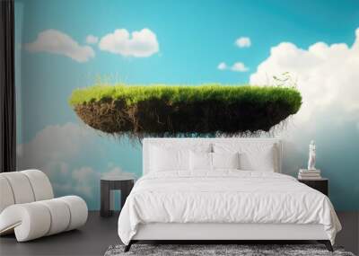 A 3D slice of land with green grass, roots dangling below, suspended mid-air with a blue sky and fluffy clouds backdrop. Wall mural