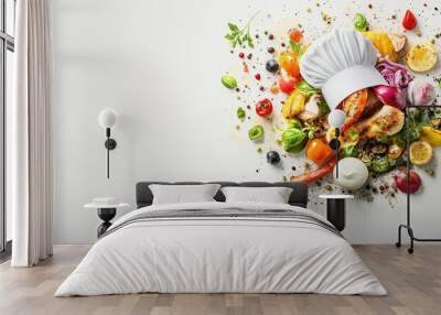 A chef hat creatively arranged with vibrant food elements, set against a clean background with ample copy space. Wall mural