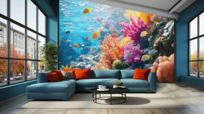 A close-up of a colorful coral reef, teeming with small fish and marine life in clear ocean water. Wall mural