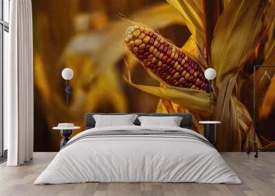 A close-up of a corn stalk with a corn cob, highlighting the fresh produce ready for harvest. Wall mural