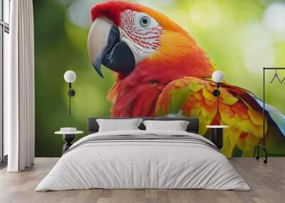 A close-up of a parrot's colorful feathers, with its beak and eyes in sharp focus against a blurred green background. Wall mural