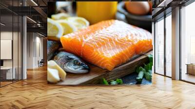 A close-up of a selection of vitamin D-packed foods, with a focus on natural sources like fish and eggs. Wall mural