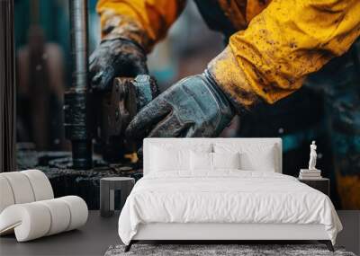 A close-up of a worker's hands operating heavy machinery at an oil drilling site Wall mural