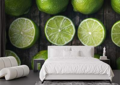 A close-up of fresh green limes, cut open to reveal their vibrant, juicy interior, placed on a wooden surface, bursting with citrus freshness Wall mural