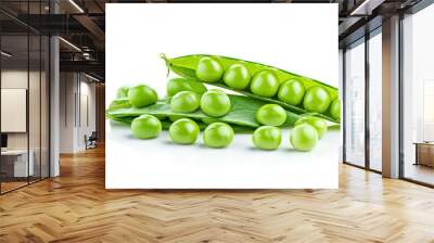 A cluster of fresh green pea seeds displayed on a clean white background, with light reflections. Wall mural