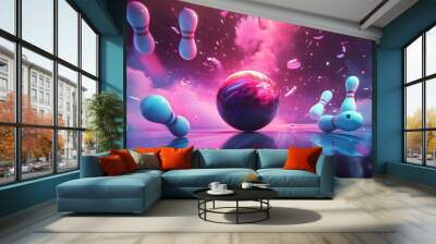 A colorful bowling ball rolling towards the pins, moments before the dramatic scattering against a dark background. Wall mural