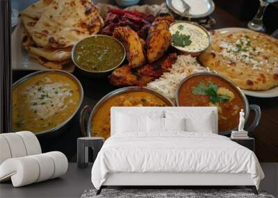 A delicious assortment of Indian cuisine, highlighting the variety and complexity of flavors. Wall mural