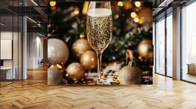 A festive arrangement featuring a champagne flute filled with sparkling wine, surrounded by gold confetti and decorative holiday ornaments Wall mural