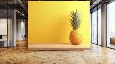 A fresh pineapple resting on a wooden table, contrasted by a vibrant yellow wall, evoking a warm, tropical feel. Wall mural