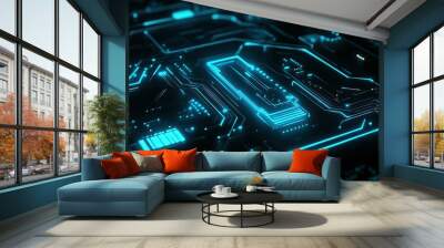 A futuristic circuit board design with glowing blue lines and abstract technology elements, set against a dark background. Wall mural