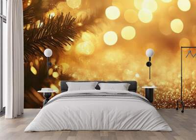 A golden Christmas background with abstract glitter bokeh and soft blinking stars, creating a warm festive glow and holiday magic Wall mural