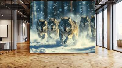 A group of wild wolves running through a snowy forest, their breath visible in the cold air. Wall mural