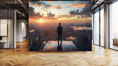 A high-angle view of a businessman looking out over a vast cityscape, symbolizing business aspirations that reach for the sky. Wall mural