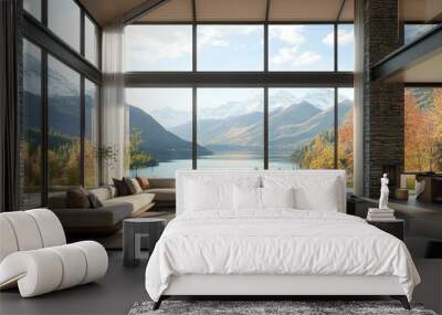 A large living room featuring expansive windows with an awe-inspiring view of mountains and a tranquil lake. Wall mural