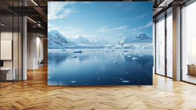 A panoramic view of the icy expanse of Antarctica, with glaciers, icebergs, and snow-covered mountains in the distance. Wall mural