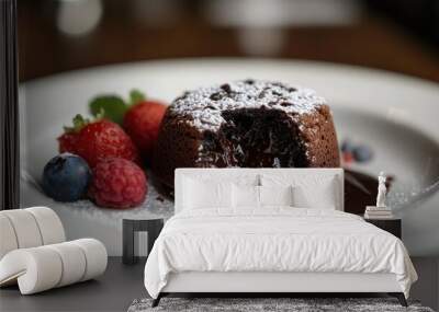 A perfectly baked chocolate lava cake with a molten chocolate center, served with a side of berries Wall mural