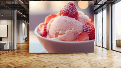 A perfectly scooped bowl of ice cream, topped with ripe strawberries and a sprinkle of sugar, set against a soft, blurred background. Wall mural