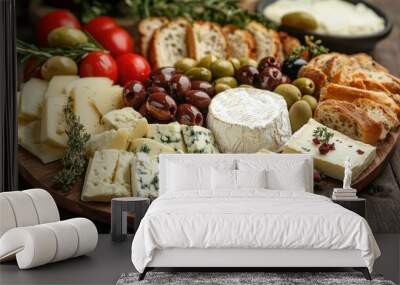 A platter of assorted Turkish cheeses, olives, and fresh bread, on a rustic wooden table. Wall mural