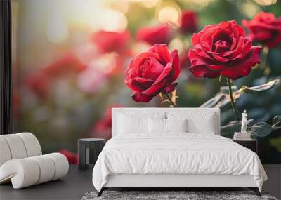 A row of red roses growing in a garden, with soft sunlight filtering through the petals. Wall mural