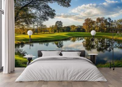 A scenic golf course sits beyond a serene pond, offering a peaceful view and a relaxing escape into nature. Wall mural