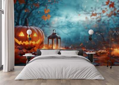 A spooky autumn background with pumpkins, fallen leaves, and flickering candles, set against a twilight sky for Halloween vibes. Wall mural