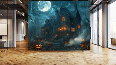 A spooky haunted house lit by the full moon, surrounded by twisted trees and fog, with glowing jack-o'-lanterns leading the way to the entrance. Wall mural