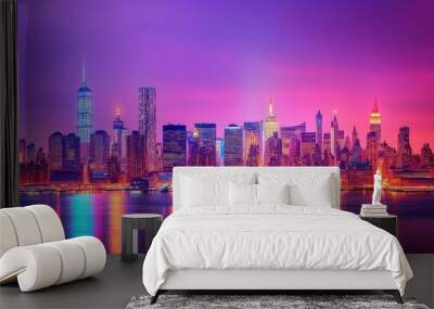 A stunning shot of New York City skyline at dusk, with famous landmarks and bright lights illuminating the evening sky. Wall mural