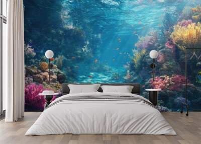 A stunning underwater landscape with coral formations, schools of fish, and the vibrant colors of marine life. Wall mural