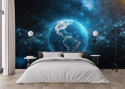 A stylized planet Earth with abstract network connections, forming a digital global connectivity visual. Wall mural