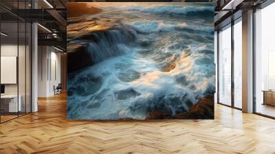 A top-down view of waves flowing over the rocks at North Curl Curl rock pool during a storm, with the first light of morning illuminating the scene. Wall mural