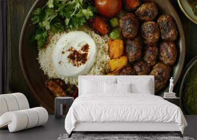 A traditional Turkish meal of kfte and rice, served with grilled vegetables and a side of yogurt Wall mural