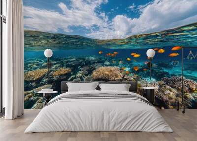 A vibrant coral reef teeming with colorful fish in crystal-clear tropical waters. Wall mural