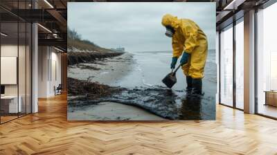 A worker in protective clothing cleaning up an oil spill on a beach Wall mural