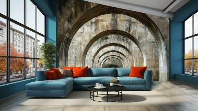 Abstract view of a medieval aqueduct arches, isolated against a plain backdrop, focusing on architectural details. Wall mural